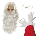 Kit Peruca Barba Óculos Luva Papai Noel Fantasia Natal 4 Pçs Cor Branco