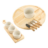 Kit Petisqueira Madeira 4 Ramequim 4 Facas Para Pates