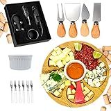 Kit Petisqueira Redonda Madeira - 4 Facas Queijo - 4 Peças Vinho Com Molheira Ramekin E Garfinhos P-Petisco