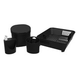 Kit Pia Cesto Lixo Dispenser Escorredor Lixeira Preto 4 Un