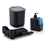Kit Pia Compacto Escorredor 4 Pratos Dispenser Lixeira 2 5l Cor Preto