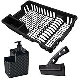 KIT PIA ESCORREDOR 3 PÇS Escorredor De Louças Preto Porta Detergente E Esponja Rattan Preto Rodinho De Pia CASA ELEGANTE