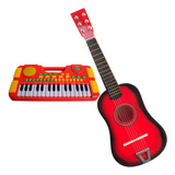Kit Piano Teclado Musical + Mini Violão Infantil De Madeira