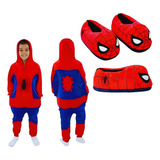 Kit Pijama Kigrumi Infantil Homem Aranha C pantufa Quentinha