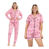 Kit Pijamas Americano Blogueira Longo E Curto Feminino Botão