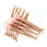 Kit Pincéis De Maquiagem Profissional 10 Peças Cabo Rabo De Sereia Ouro Rosé Fibras Sintéticas Hipoalergênicas Leves E Fáceis De Limpar Lorben
