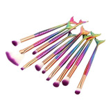 Kit Pinceis Maquiagem 10 Pcs Sereia Rosa