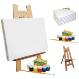 Kit Pintura 5 Telas 30x40 Cavalete 06 Tintas Pincel