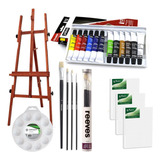 Kit Pintura Cavalete Gode Tinta Oleo Tela Pincel