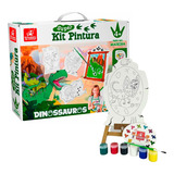 Kit Pintura Infantil Dinossauros Com Cavalete 4 Telas 6 Tintas A Partir 4 Anos Em Madeira