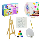 Kit Pintura Infantil Tela Desenhada Cavalete Tinta Pincel