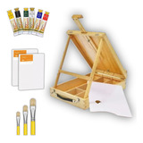Kit Pintura Maleta Cavalete 6 Tintas 3 Pinceis 2 Telas