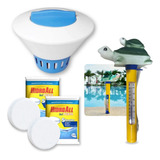 Kit Piscina Termômetro Tartaruga Clorador 2 Pastilhas