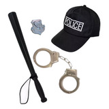 Kit Policial Boné Algema Cassetete Distintivo Carnaval 4 Pçs