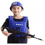 Kit Policial Infantil SWAT Colete Tático Capacete Máscara E Rifle De Brinquedo Azul