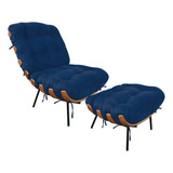 Kit Poltrona E Puff Costela Suede Azul Marinho Belliv Decor