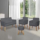 Kit Poltrona Para Recepção Namoradeira 2 Poltronas Decorativas E Puff Cinza 