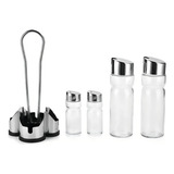 Kit Porta Azeite Galheteiro Tempero Inox Saleiro Vidro 4 Pcs