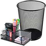 Kit Porta Caneta E Lixeira De Metal Aramado Organizadores De Escritório Mesa Com Divisórias Para Clip Lápis Bloco De Notas Tesoura Borracha -Preto-