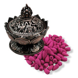 Kit Porta Incenso Flor De Lótus Metal 100 Cones Aroma Mix Cor Fúcsia Aroma De Flor De Cerejeira