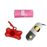 Kit Porta Saquinhos Cata Caca Cão Cachorro Pet Lanterna LED Para Passeio Noturno E Em Formato De Osso Com 3 Refil Rolo Com 45 Sacos De Lixo 