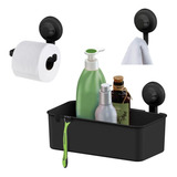 Kit Porta Shampoo Papel Higiênico Gancho Ventosa Preto