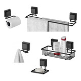 Kit Porta Toalha Shampoo Sabonete Papel Cabide Ventosa Preto