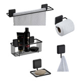 Kit Porta Toalha Shampoo Saboneteira Papel Gancho Adesivo