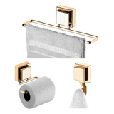 Kit Porta Toalhas Rosto Gancho Papeleira Ventosa Aço Dourado