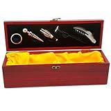 Kit Porta Vinho Luxo 5 Acessórios Inox E Caixa De Madeira