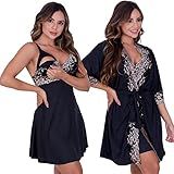 Kit Pós Parto De Robe E Camisola Sofia Bicolor Sem Bojo De Microfibra Light De Amamentação Feminina Preto Com Base GG 