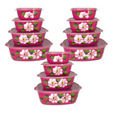 Kit Potes Decorado Hermético 12pçs Freezer Microondas Tampa Cor Pink Flor Rosa