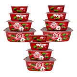 Kit Potes Decorado Hermético 12pçs Freezer Microondas Tampa Cor Vermelho Flor Branca