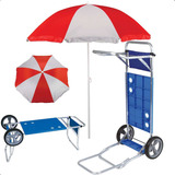 Kit Praia Carrinho Vira Mesa Azul Guarda Sol Azul Marinho