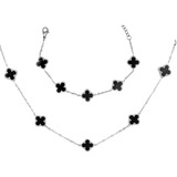 Kit Prata Colar Choker E Pulseira Trevo Preto Aço Inox