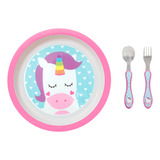 Kit Pratinho Talheres Infanil Bebe Buba Unicornio Papinha