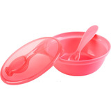 Kit Prato Bowl Com Tampa E Colher Infantil 300ml Rosa Buba