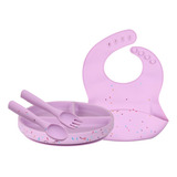 Kit Prato De Silicone Com Talheres E Babador Lilás
