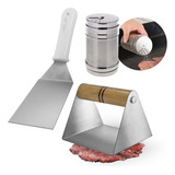 Kit Prensa Smash Burguer Saleiro Espátula Inox 90 Mm
