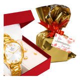 Kit Presente Mães: Relógio Feminino + Embalagem Especial Cor Da Correia Dourado Cor Do Bisel Dourado Cor Do Fundo Branco
