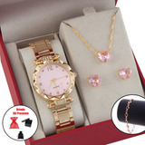 Kit Presente Relógio De Pulso Feminino Kit Folheado A Ouro