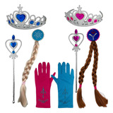 Kit Princesa Frozen 4 Acessórios Trança Luva Coroa Varinha Cor Rosa