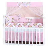 Kit Protetor Berço Trança Safari Rosa Menina Coroinha 11 P