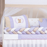Kit Protetor Berço Trança Ursinho Rosa Americano Baby Menina Cor Lilás Urso Teddy