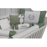 Kit Protetor De Berço Branco E Verde Oliva Bordado