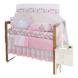 Kit Protetor Mini Berço Bebê Trança Nuvem Rosa 10 Pçs