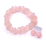 Kit Pulseira Brincos De Pedra Natural Quartzo Rosa N02
