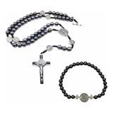 Kit Pulseira Colar Terço Masculino Hematita São Bento