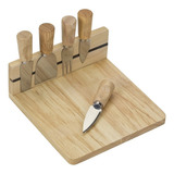 Kit Queijo Com 5 Peças E Base De Madeira Com Tábua