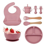 Kit Refeição Bebê 8 De Silicone Copo Talher Babador Tigela